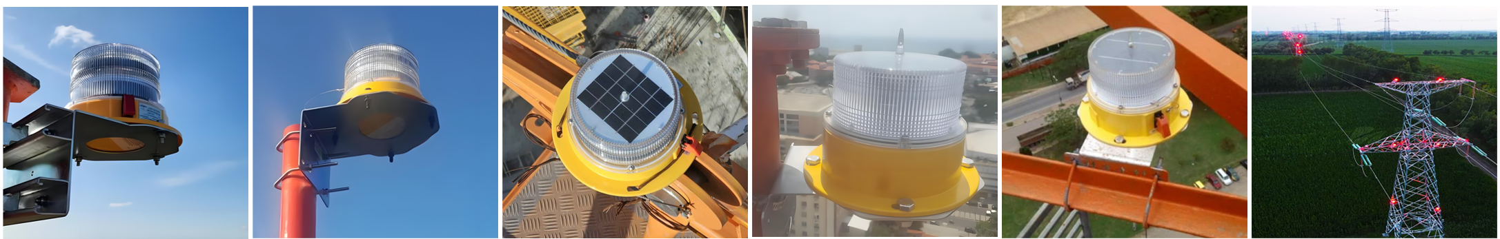 Yellow aviation obstruction beacon mounted on a tower against a clear blue sky informativestructure warning