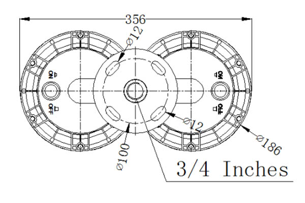 Dual Solar Aviation Obstruction Light YFFYLST Dimension Drawing YFFY Lights Engineering drawing of two side by side circular flanges with a central hub showing mounting holes and overall width 356 mm outer diameters Ø186 mm inner holes Ø100 mm small through holes Ø12 mm and a 34 inch reference