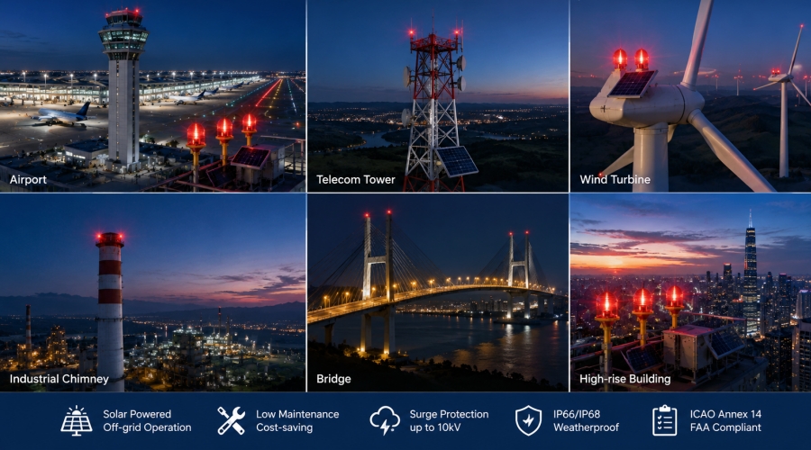 How Solar Aviation Obstruction Lights Reduce LongTerm Maintenance Costs YFFY Lights YFFY Lights Airport at dusk with control tower runway lights and planes on the tarmacinforming about airport operations at nightfall and activity nearby