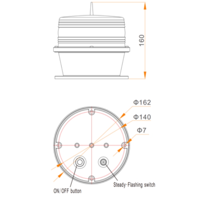 Size of YFFY600 Solar Warning Lights YFFY Lights Technical drawing of a round device side view height 160 mm and a top view base with diameters Φ162 Φ140 and a central Φ7 hole shows ONOFF button and steadyflashing switch