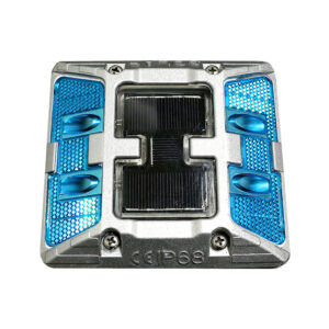 Square solar-powered LED light panel with blue lenses and a metallic housing