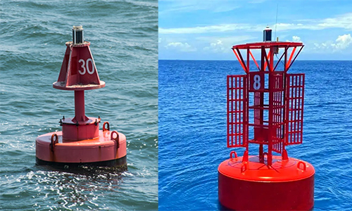 Navigation Buoy Light YFFY Lights Split image of two red navigation buoys in open water left buoy reads 30 right reads 8