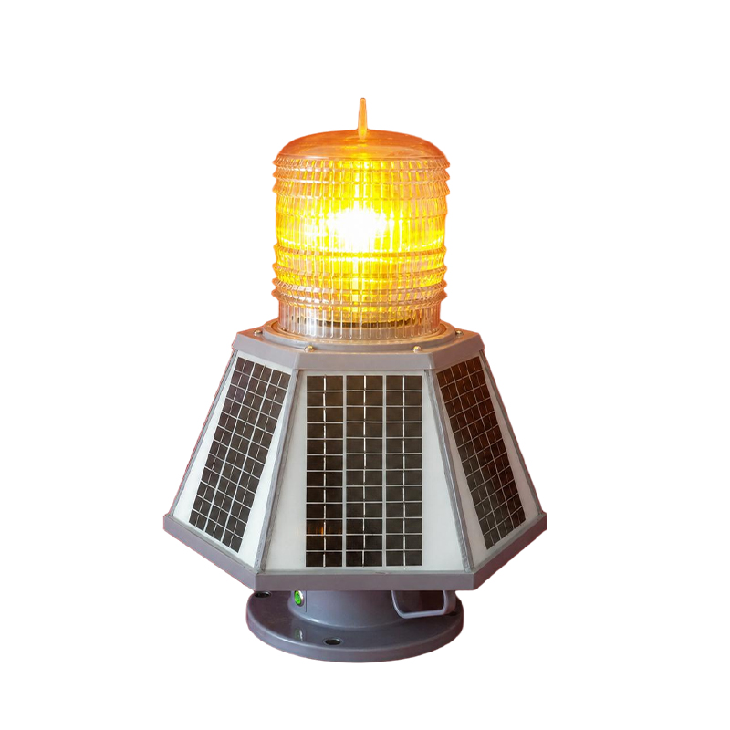 solar marine lantern manufacturer YFFY Lights Amber solar powered warning beacon on a gray base flashing to signal caution industrial outdoor use