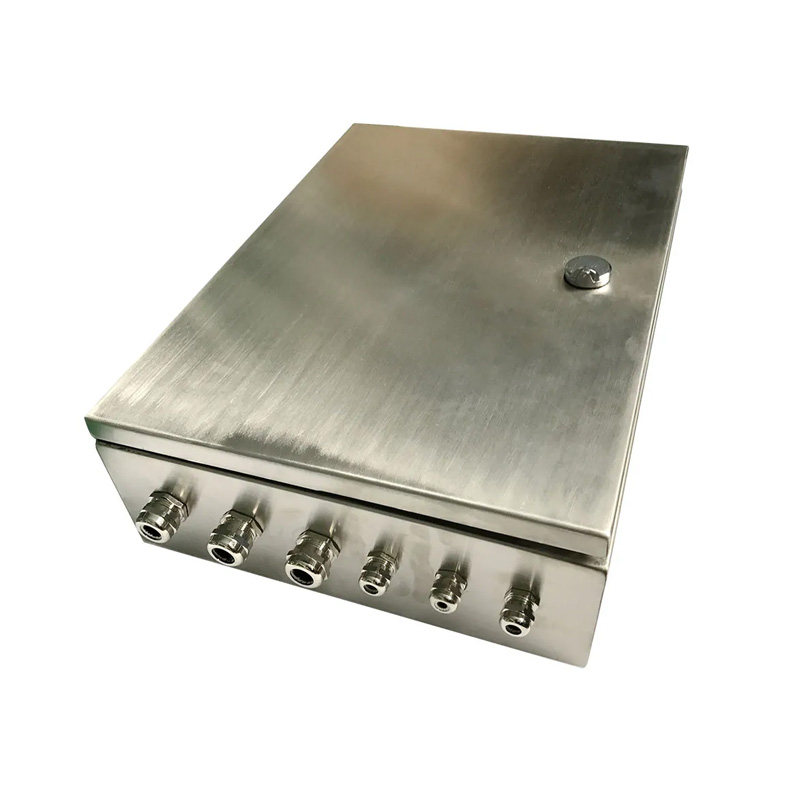 Stainless steel enclosure with six circular RFcoaxial connectors on the front panel