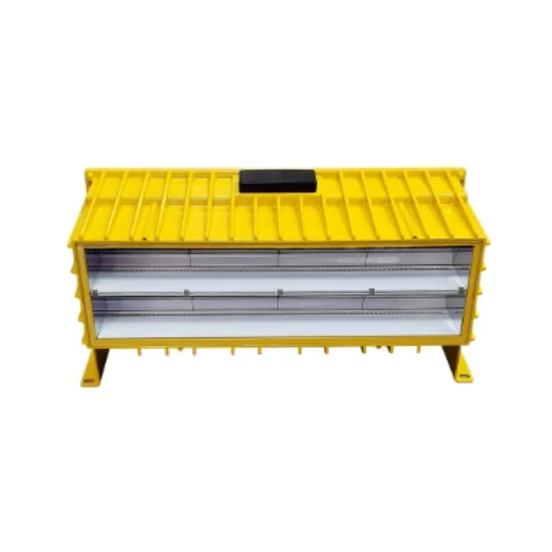 Yellow industrial storage cabinet with a clear front and two shelves on legs angled slightly for viewing