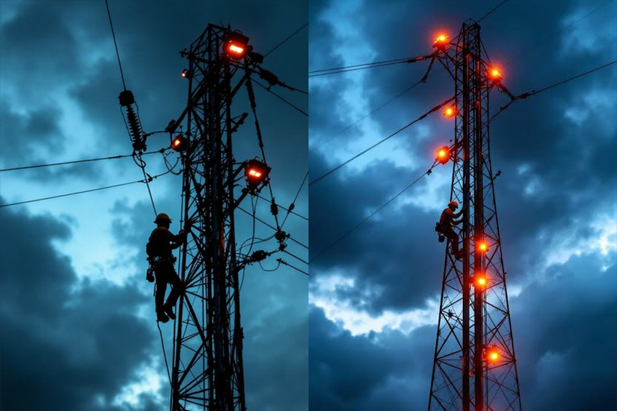 Two workers in harnesses climbing a tall electric transmission tower with orange warning lights at dusk.