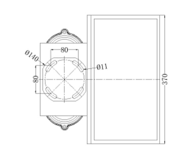 Technical diagram of a wall mounted light fixture with a circular mounting plate and decorative backplate shown beside a door frame with dimensions