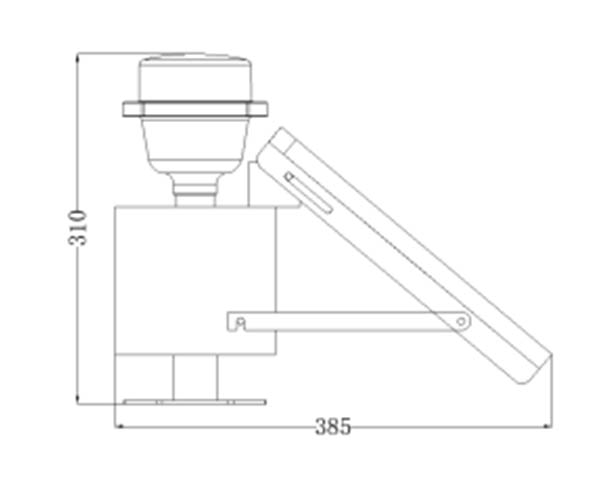 Technical line drawing of a machine a vertical cylinder atop a rectangular base with a rightward angled support arm and dimension labels 310 and 385