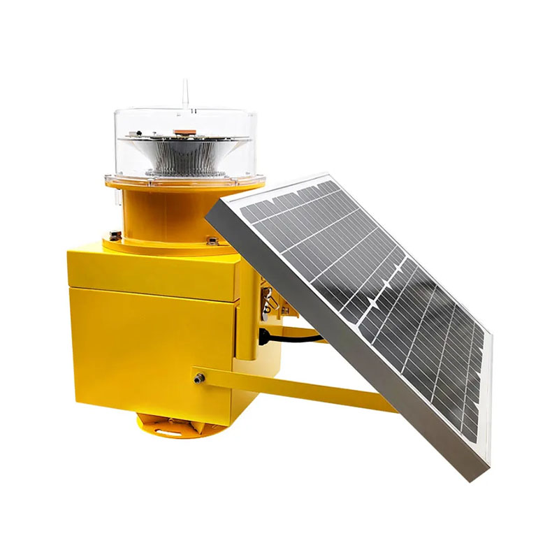 Yellow solar powered beacon with a circular lamp on top and a tilted solar panel attached