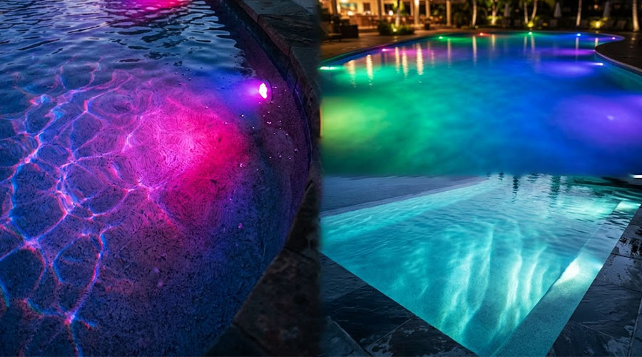 SurfaceMountedPoolLightSelectionandStandardInstallationGuide YFFY Lights YFFY Lights Colorfully lit hotel pool at night with glowing blue green and purple lights