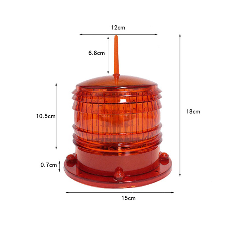 YFFY1500 solar warning light YFFY Lights Red rotating beacon light warning signal with an orange lens dimensions shown 18 cm tall 15 cm base diameter