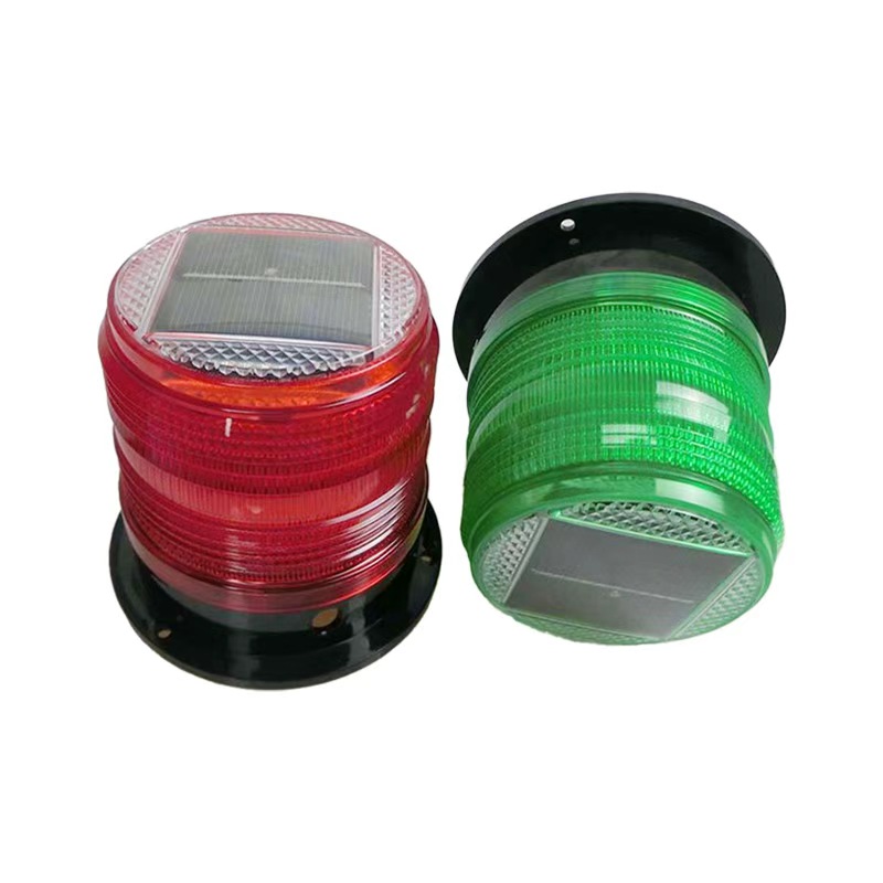 YFFY1800 Solar Magnetic Warning Light Solar Rotating Warning LightSolar Warning Lights YFFY Lights Two circular solar powered beacon lights one red and one green mounted on black bases with top solar panels