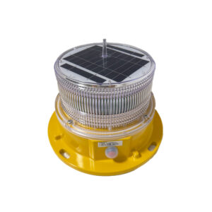 Solar-powered beacon light with a yellow base and metal ribbed housing, used for outdoor obstruction marking or aviation lighting.