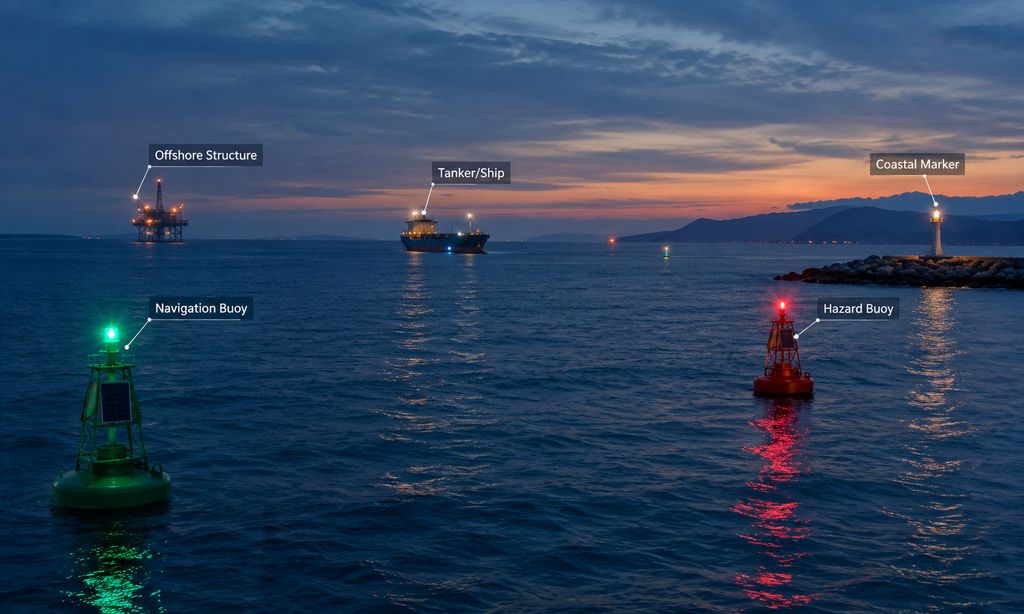 Solar Marine Lantern for Remote Applications YFFY Lights Group of maritime navigational aids at dusk a green navigation buoy with solar panel on left a red hazard buoy toward the right an offshore structure and tanker ship in the distance and a coastal marker on the far right