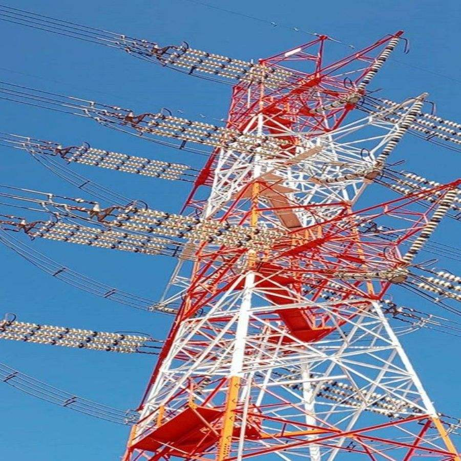 Transmission Tower Obstruction Lights Aviation Obstruction Lights 1 YFFY Lights Transmission Tower Obstruction Lights Aviation Obstruction Lights Tall red and white electricity transmission tower with multiple insulators and power lines against a clear blue sky